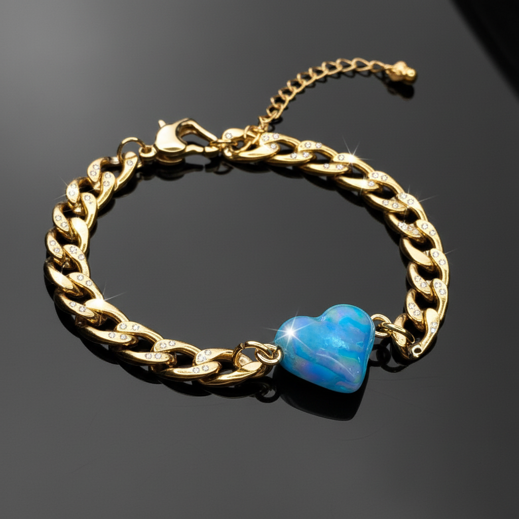 Bracelet gourmette cœur bleu perlé
